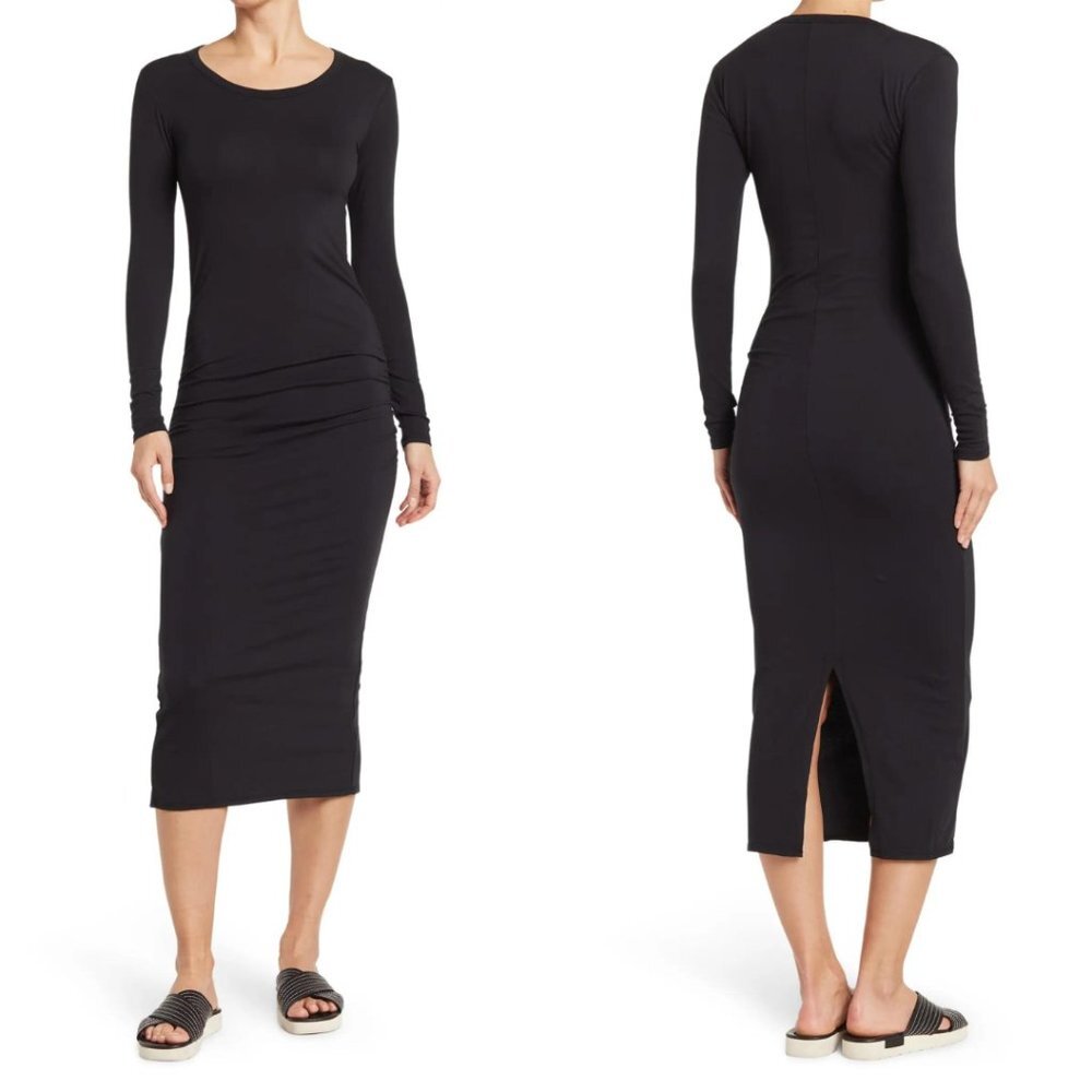 NWT JAMES PERSE Long Sleeve Ruched Black Midi Dress